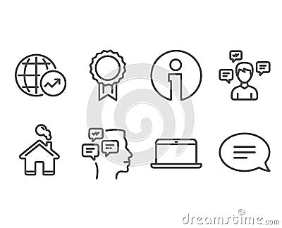 Conversation messages, Reward and Messages icons. World statistics, Laptop and Chat signs. Vector Illustration