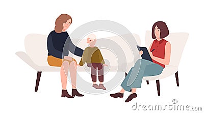 Conversation between mother, child and female psychologist or psychotherapist. Family psychotherapy, psychotherapeutic Vector Illustration