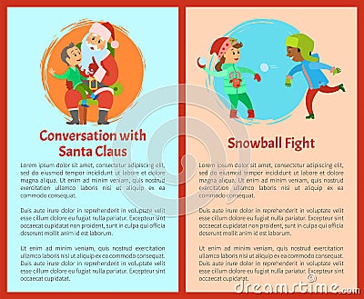 Conversation with Santa, Snowball Fights Postcards Vector Illustration