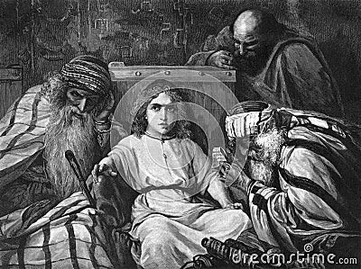 The conversation of the young Christ with the wise men. Stock Photo
