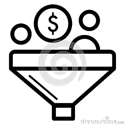 Conversion dollar vector icon. Black and white funnel and money illustration. Outline linear finance icon. Vector Illustration