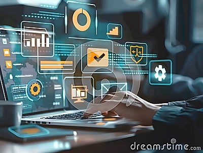 Conversion Rate Optimization Technology Visualization with Floating Analytics Icons and Infographics Stock Photo