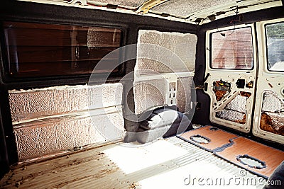 Conversion of a t4 van into a camper van. Carpeting has been added to the metalwork Stock Photo
