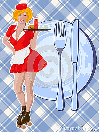 Waitress with plate on roller skates. Red dress. Diner waitress. Vector image Vector Illustration