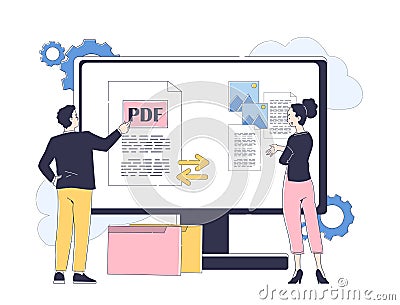 Converting files to Pdf. Man and woman at the computer monitor with documents online. File conversion application Vector Illustration