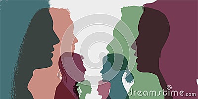 Diversity multi-ethnic and multiracial people. Silhouette profile group of men and women of diverse culture. Concept of racial equ Vector Illustration