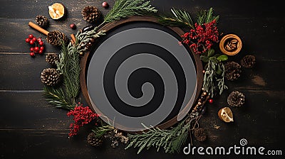 a Christmas round frame composed of classic winter elements with flat lay Stock Photo