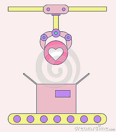 Conveyor with robotic manipulator packing likes in boxes Vector Illustration