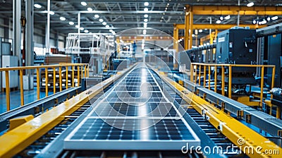 A conveyor belt carrying freshly made solar panels ready to be packaged and shipped out for installation at homes and Stock Photo