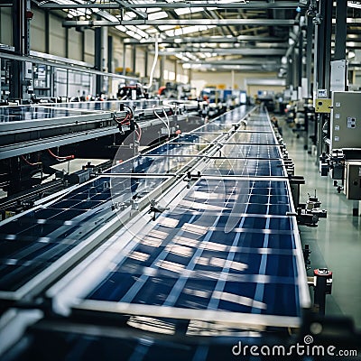 Conveyor belts carry solar panels through a manufacturing facility., generative ai Stock Photo