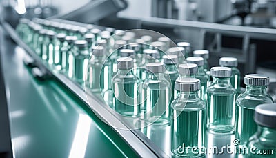 A conveyor belt of green bottles with white lids Stock Photo