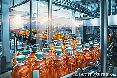 Conveyor belt, juice in bottles, beverage factory interior in blue color, industrial production line Stock Photo