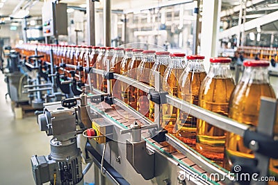 Conveyor belt, juice in glass bottles on beverage plant or factory interior, industrial manufacturing production line Stock Photo