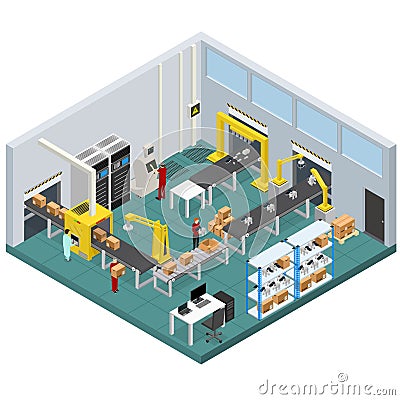 Conveyor Line Factory Interior with Isometric View. Vector Vector Illustration