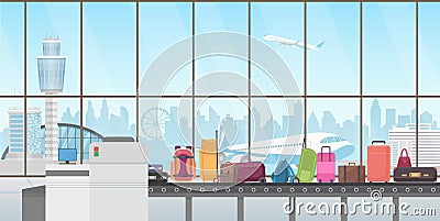 Conveyor belt in modern airport hall. Baggage claim cartoon vector illustration. Vector Illustration