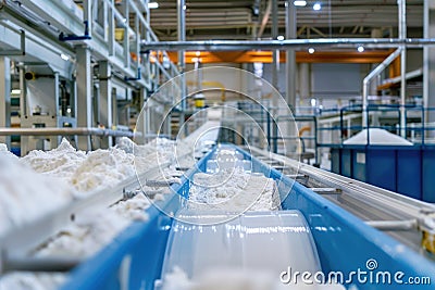 Conveyor belt in a modern cheese factory with fresh cheese curds Stock Photo