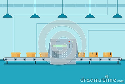 Conveyor belt with robotic arm. Vector Illustration