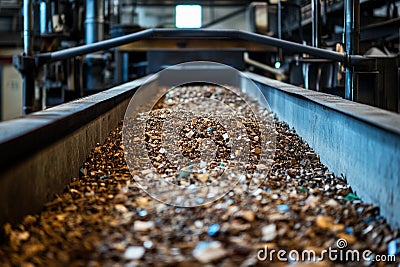 Conveyor belt transporting mixed recyclables in a sorting facility during daylight hours in an urban setting. Generative AI Stock Photo