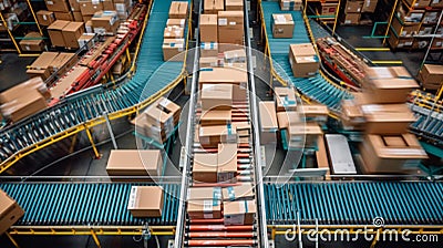 Conveyor Belt Transporting Packaged Goods in Bright Warehouse Stock Photo