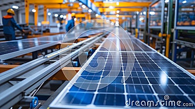 Conveyor belts carrying stacks of assembled solar panels to be packaged and shipped with workers monitoring the process Stock Photo