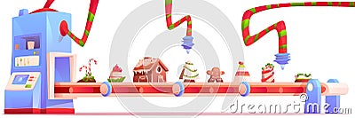 Conveyor with Christmas candy and sweets factory Vector Illustration