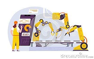 Conveyor configurations. Futuristic engineering smart control automation factory production line, worker monitoring Cartoon Illustration