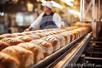 Conveyor with fresh bread at the factory. Bread production enterprise. Bakery. Close-up. Industrial line for baking bread Stock Photo