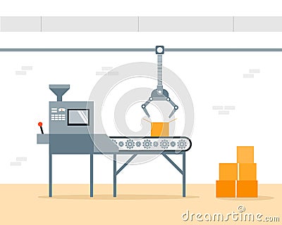 Conveyor Machine in Factory - flat illustration. Manufacture and packaging on factory by conveyor belt. Production concept. Stock Photo