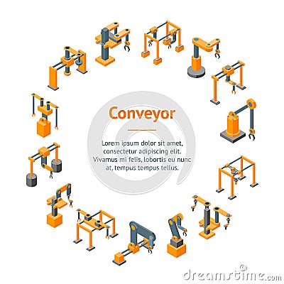 Conveyor Machines Robotic Hand Banner Card Circle . Vector Vector Illustration