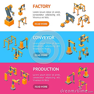 Conveyor Machines Robotic Hand Banner Horizontal SetIsometric View. Vector Vector Illustration