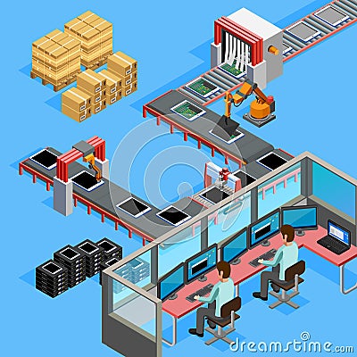 Conveyor Manufacturing Line Operators Isometric Poster Vector Illustration