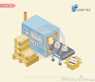 Conveyor packing parcels. Vector Easter eggs 3D isometric concept. Conveyor factory, conveyor distribution, industry Vector Illustration