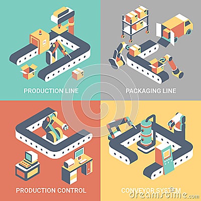 Conveyor vector flat isometric poster set Vector Illustration