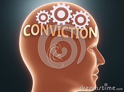 Conviction inside human mind - pictured as word Conviction inside a head with cogwheels to symbolize that Conviction is what Cartoon Illustration