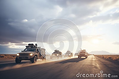convoy of chase vehicles heading towards dark horizon Stock Photo