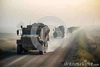 a convoy of military trucks driving down a dirt road Stock Photo