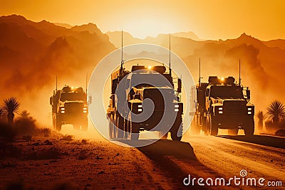 convoy of military trucks driving through a dusty desert with a stunning sunset in the background Cartoon Illustration