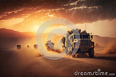convoy of military trucks driving through a dusty desert with a stunning sunset in the background Stock Photo