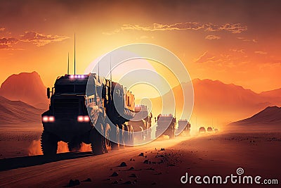 convoy of military trucks driving through a dusty desert with a stunning sunset in the background Stock Photo