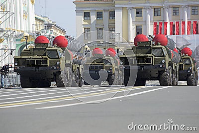 A convoy of rocket launchers S-300PM moves on the Palace square. Rehearsal of parade in honor of Victory Day in St. Petersburg Editorial Stock Photo