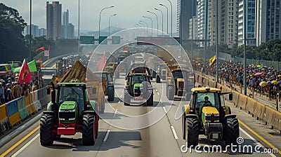 A convoy of tractors with activated lights participating in a rally on a busy urban road. Stock Photo