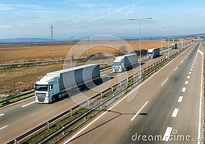 Convoy of White transportation trucks in line on a country highway Stock Photo