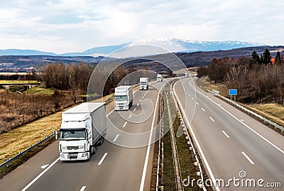 Convoy of White Trucks Or Traction Units In Motion On Highway Stock Photo