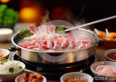 Coocking shabu shabu traditional japanese meal.Macro.AI Generative Stock Photo