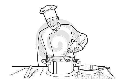 Cook adds pepper to the pan at the table in restaurant kitchen Vector Illustration
