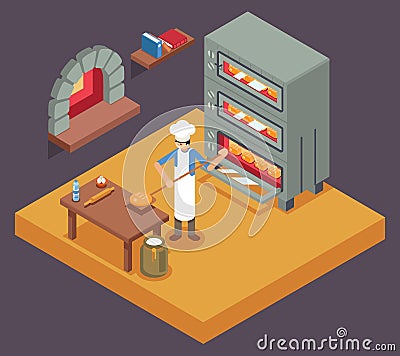 Cook baker cooking bread isometric icon on bakery background flat design vector illustration Vector Illustration