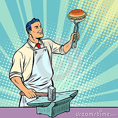 Cook blacksmith forges a Burger on the anvil Vector Illustration