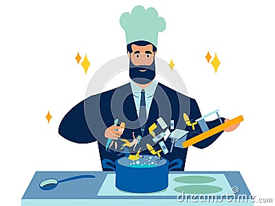Cook businessman prepares business. recipe from ingredients for income and profits. In minimalist style. Cartoon flat Stock Photo