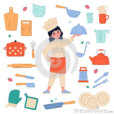 Cook character with professional accessories. Cute girl in uniform with kitchen elements and tableware, female chef Vector Illustration