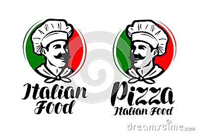 Cook, chef logo. Italian food, pizza symbol or label. Vector illustration typographic design Vector Illustration